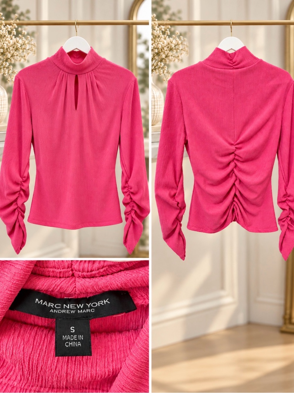 Marc New York Hot Pink Mock Neck Ruched-Back Long Sleeve Top